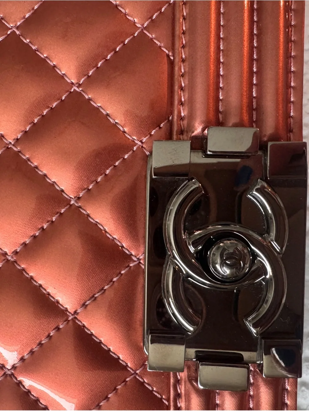 CHANEL Metallic Quilted Shoulder Bag in Rose Copper